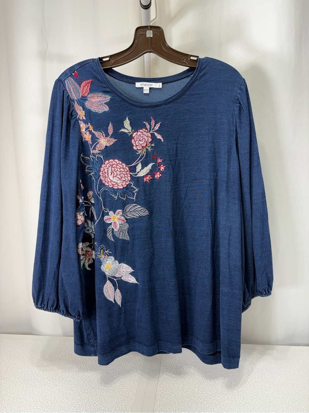 Chico's Navy Floral-Embroidered Long Sleeve Top 4312